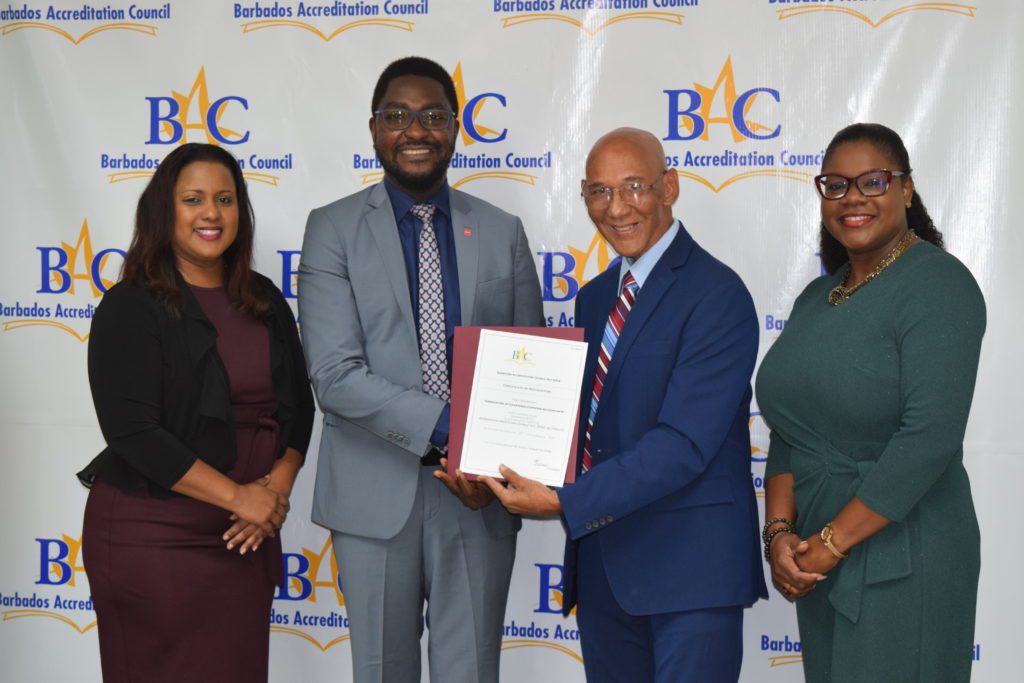 (From Left to Right): Ms. Anouska Sammy (Senior Business Relationship Manager of ACCA), Mr. Joseph Owolabi (Global President of ACCA), Dr. Richard Ishmael (Chairman of the Barbados Accreditation Council) and Mrs. Lisa Gale (Executive Director of the Barbados Accreditation Council)